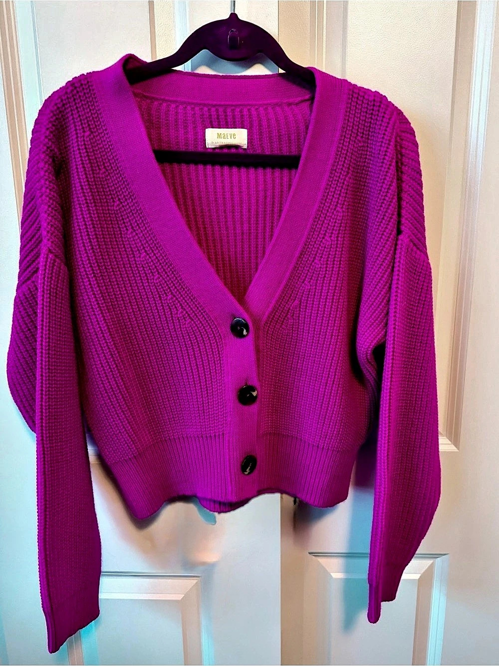Maeve Anthropologie Fuchsia Chunky Knit Cropped Cardigan Small NWOT